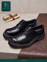Chaussures Derby en Cuir Véritable pour Hommes, Cuir de Vachette Pleine Fleur, Décontractées et Habillées, Respirantes, Semelle Épaisse, à Lacets, Style Rétro Britannique