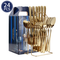 Ensemble de couverts réutilisables en acier inoxydable 24 pièces avec support, couteau, fourchette, cuillère, design de luxe léger, finition polie miroir doré