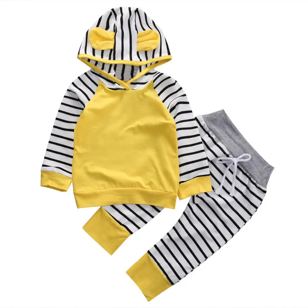 التجارة الخارجية الطفل ملابس بأكمام طويلة الأصفر الوردي سترة هوديي الأفقي سراويل مخططة 2-قطعة ملابس الأطفال