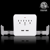 Support de téléphone double certifié ETL, station de charge murale industrielle, prise murale avec 3 prises US et 2 ports USB, blanc, pour chevet, ABS, 15A