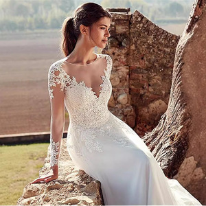 <b>Lace</b> Appliqu Deep V-Neck Long Sleeve A-Line Wedding Dress Pure <b>White</b> Chiffon Natural Waistline Summer Bridal Gown - Product Image 2