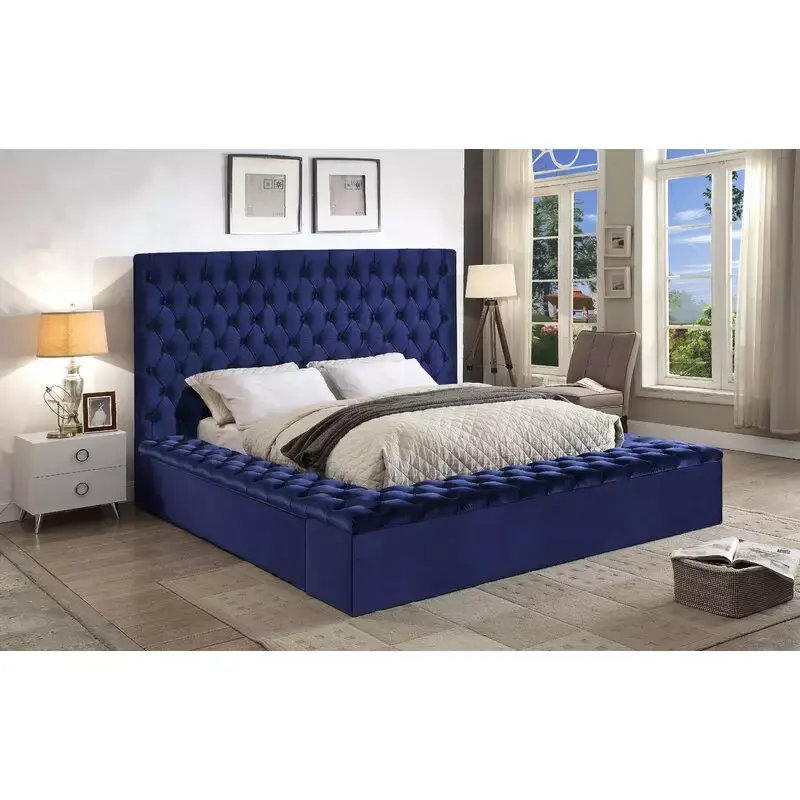Venda quente luxo mais recente design quarto mobília azul veludo tecido madeira placa de cabeça queen king size cama com armazenamento