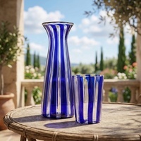 Ensemble carafe et verre à rayures verticales en verre soufflé à la main bleu cobalt, pichet à eau rayé avec gobelet