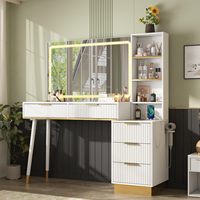 Coiffeuse moderne écologique avec miroir LED, 5 tiroirs, plateau en verre, 3 niveaux d'intensité réglables, commande tactile et fonction de charge