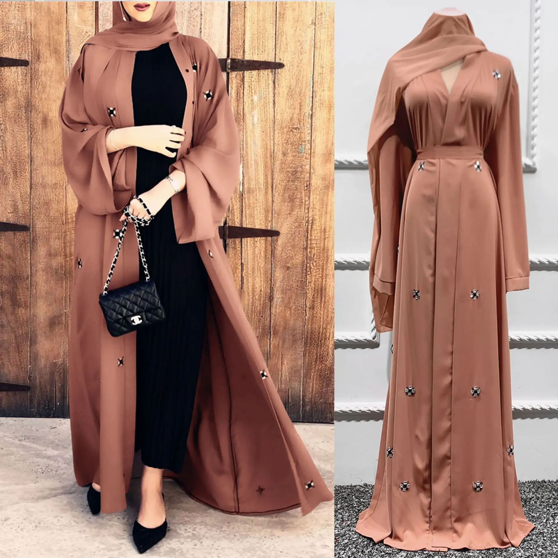 Bescheiden Khimar Hijab Abaya Mode Kralen Midden-oosten Vest Traditionele Moslim Vrouw Moscrepe Jurk Dubai