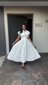 Boutique all'ingrosso 2025 autunno nuovo stile alla moda con risvolto a vita alta dimagrante abito da <span class=keywords><strong>donna</strong></span> a maniche corte - Product Image 6