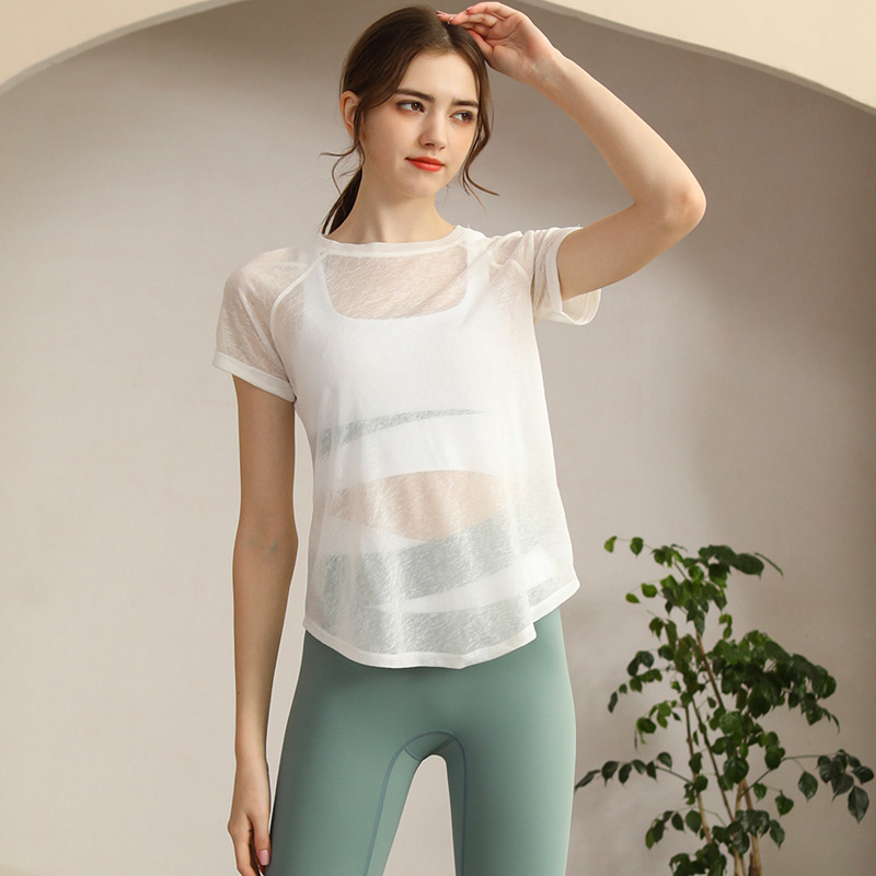 2025 New-Style Pilates Yoga Wear Womens Loose-Fit Quick-Drying Running Top Summer Sun-Protective Mesh Polyester Apparel