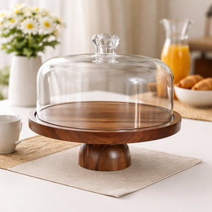 Vassoio in Legno per Torte con Coperchio a Cupola in Vetro, Resistente al Calore, Ecologico, Espositore Multifunzionale per Dessert/Donut - Product Image 4