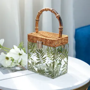 New Acrylic Transparent Bag With Bamboo Leaf Printing Ladies Bamboo Plastic Transparent Box Handbag