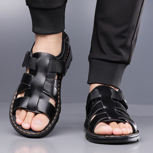 Men's Leather Sandals Soft Sole Summer Casual Wearable Slippers <b>Driving</b> Beach <b>Shoes</b> - Product Image 1