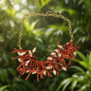 CBBA-1982 Bohemian Coral Gold Plated Link Chain <b>Statement</b> <b>Necklace</b> for Women Party Fashion Accessory - Product Image 3