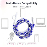 Câble de données USB imprimé marbré bleu et blanc 3 en 1 avec perles décoratives, cordon de charge universel multi-embouts pour téléphone portable