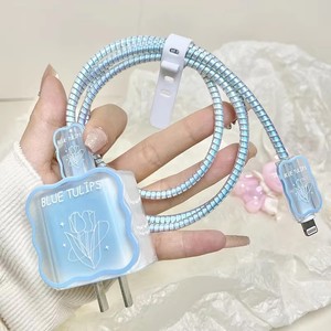 ฝาครอบสายไฟอเนกประสงค์ลายคลื่นทิวลิปสีน้ำเงินที่เก็บสายได้สำหรับ <span class=keywords><strong>Apple</strong></span> 20W/30W พร้อมเชือกชุด4ชิ้น - Product Image 1