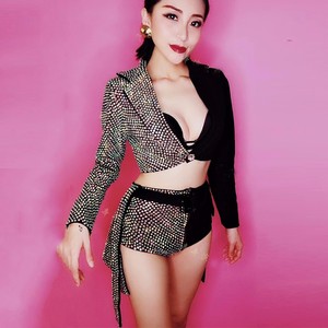 Costume de scène sexy en strass AB scintillants, blazer noir court, ensemble de 2 pièces, DJ, <span class=keywords><strong>chanteuse</strong></span>, boîte de nuit, danse jazz - Product Image 1