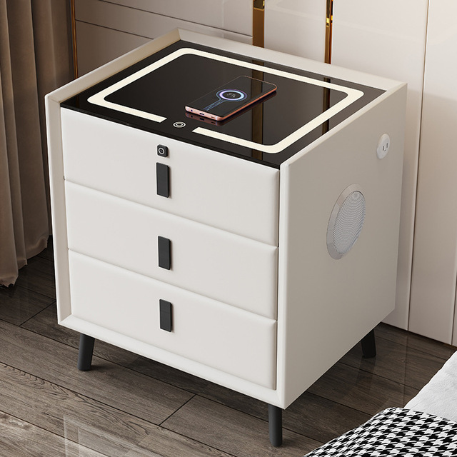 Modern Luxury Smart Bedside Table With Wireless Charging Bluetooth Speaker Fingerprint Lock LED Light for Bedroom Nightstand