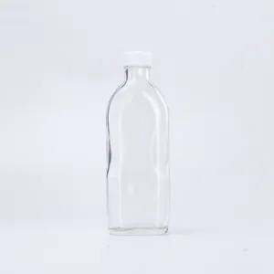 200ml 250ml Hip Flask Square Body Shape Spirit Glass bottle juice bottle with plastic lids with label design packaging container