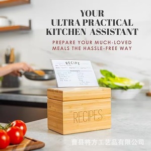 Bamboo Recipe Card <b>Storage</b> <b>Box</b> With 50 Cards And Dividers Kitchen Organization Desktop Display <b>Box</b> - Product Image 4