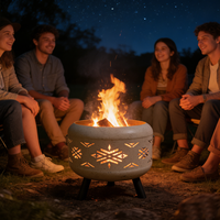 Brasero en fer robuste à effet pierre ronde avec découpe géométrique et pieds trépieds pour terrasse extérieure, jardin et camping