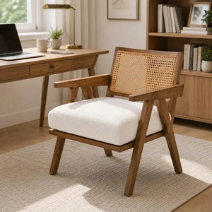 Fauteuil lounge moderne du milieu du siècle en bois avec dossier en rotin et coussin blanc pour salon, en velours, rotin et bois - Product Image 3