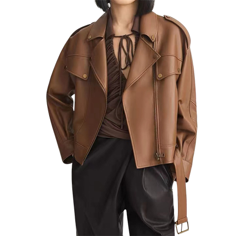 21015 Motorcycle Leather Jacket Women's Short Brown Black Sheep Leather Jacket in Spring and Autumn