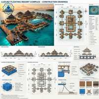 Complexe hôtelier flottant modulaire sur l'eau avec villa, pont flottant et piscine à débordement pour le tourisme en île maritime