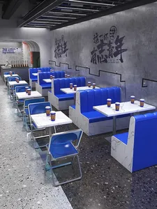 Conjunto de Mesa con Patrón de Mármol y Sillas Plegables Apilables Tapizadas en Cuero Azul Rey, Sofás de Restaurante para Hamburguesería - Product Image 2