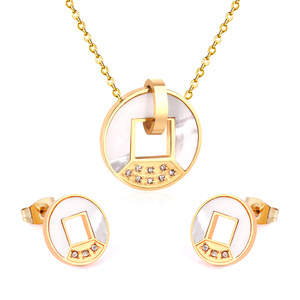 Set di Gioielli Trendy da Donna in Acciaio Inossidabile Placcato Oro 18K con Orecchini a Cerchio Delicati a Conchiglia e Zirconi e Collana a Moneta Rotonda - Product Image 1