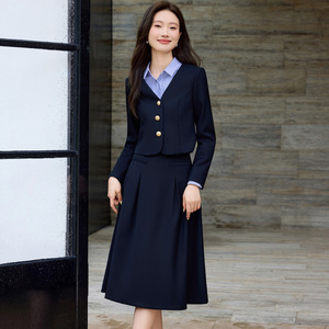 Women's Navy Blue Suit <b>Set</b> With Pleated Skirt And <b>Blazer</b> Two Piece Office Wear For Work - Product Image 1