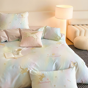 Set di Biancheria da Letto in Cotone a Fibra Lunga 500T, Copripiumino Traspirante con Ricami Raffinati, Set Quattro Pezzi Principessa <span class=keywords><strong>Unicorno</strong></span> - Product Image 6
