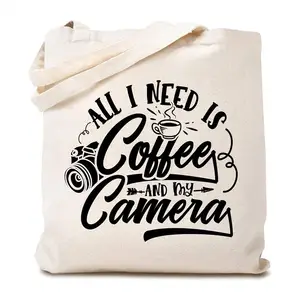 卸売 黒トートコーヒー-卸売私が必要とするのは女性のためのコーヒーと私のカメラキャンバストートバッグ面白い写真愛好家の写真食料品の買い物袋です