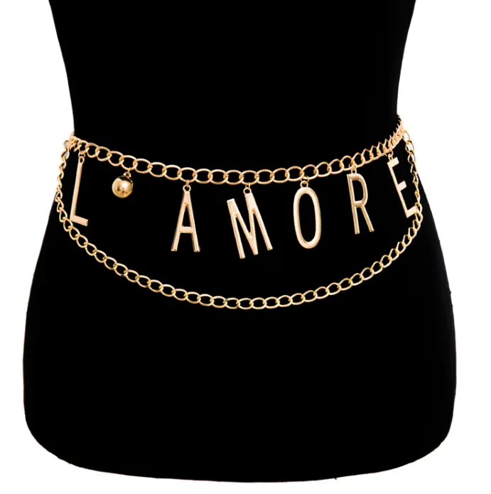 Gold Girl Lady Body Metal Belly Chain Belt With Dangling Letter