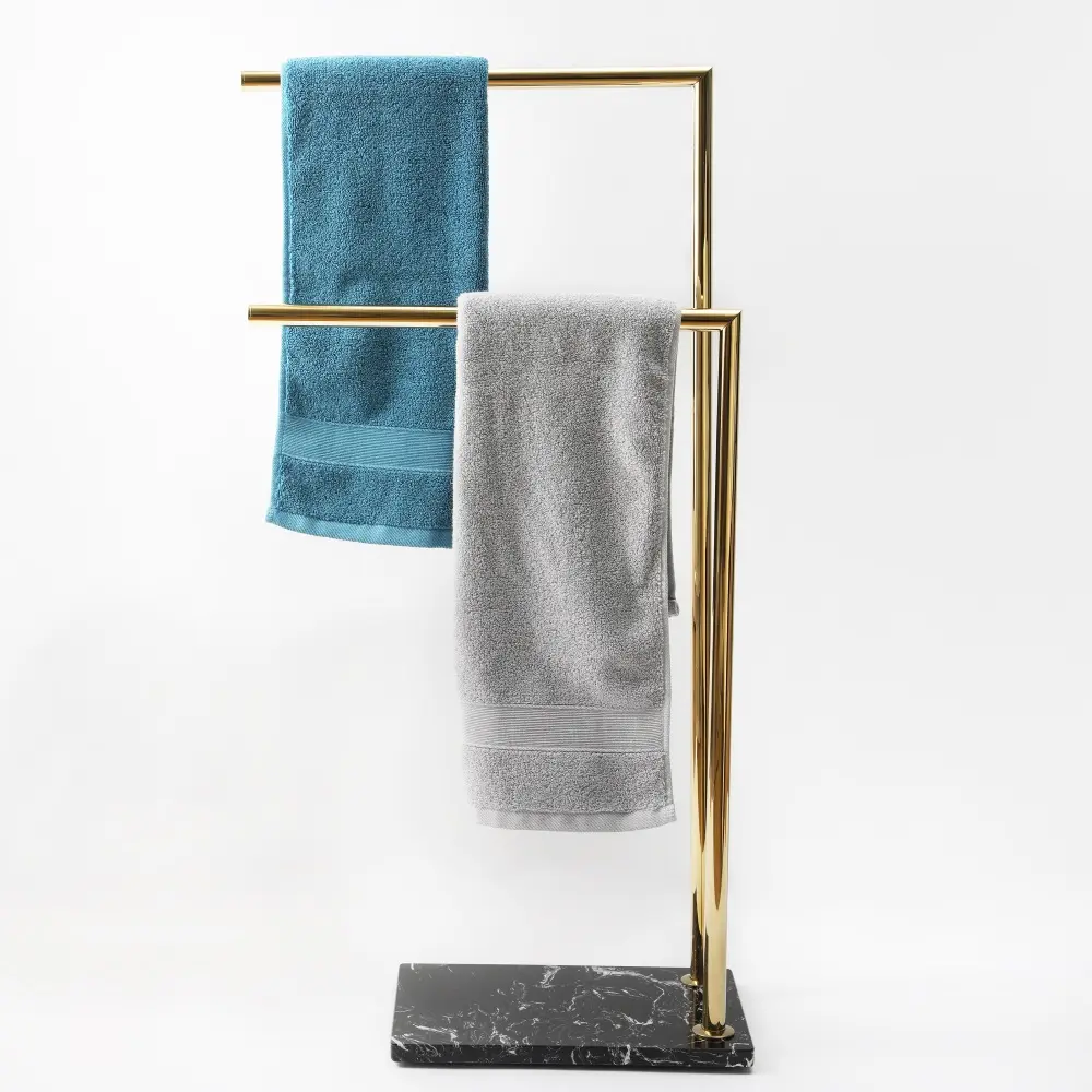 Free Stand Floor Towel Rack Double Rail Golden Brass Rack Real Marble Base Towel Holder Bathroom Hardware Luxury Bathroom Decor