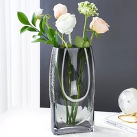 Vase en verre rectangulaire transparent avec côtés texturés, base épaisse, large ouverture pour fleurs fraîches, hydroponie, décoration de table à la maison