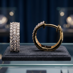 14K <b>Gold</b> Rhodium Plated Natural Diamond Women's Wedding Gift Hoop Earrings Triple Row Micro Pave Setting Brilliant <b>Huggie</b> Hoops - Product Image 2
