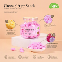 Collation au fromage croustillant, avec des saveurs de fruits et de biscuits ajoutées, 27 grammes par sachet, avec une durée de conservation de 12 mois.