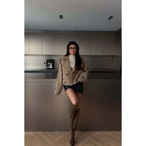 Manteau Trench Femme Marron Klarris en Cuir Shearling Double Boutonnage avec Ceinture Long et Élégant pour Hiver Automne - Product Image 3