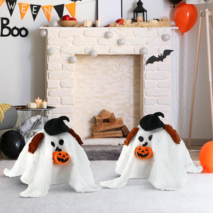 Bolsa de tratamiento de Halloween, fantasma de cara aterradora suave blanca con sombrero mágico negro que sostiene una calabaza vívida, perro fantasma de peluche relleno - Product Image 3