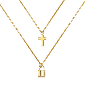 Collar Minimalista Europeo Americano de Doble Capa con Cruz y Candado, Chapado en Oro de 18K, Cadena de Clavícula de Acero Inoxidable - Product Image 1