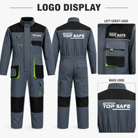 Combinaison de travail respirante en polyester gris, noir et vert lime, à blocs de couleur contrastés, col montant, multiples poches cargo, taille élastique