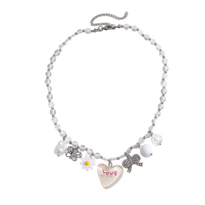 Collier avec pendentif en forme de cœur mignon, fleur en strass et pendentif en forme de cœur, chaîne perlée plaquée argent pour femmes, à porter au quotidien - Product Image 3