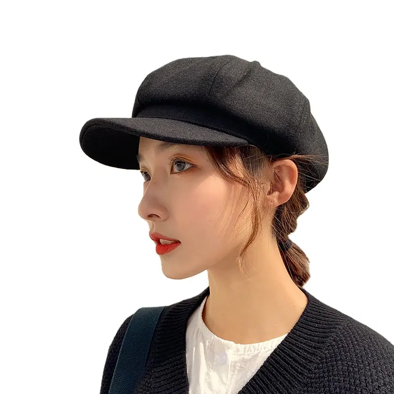 Black beret female winter thin style British retro newspaper boy octagonal hat Korean version net red painter hat