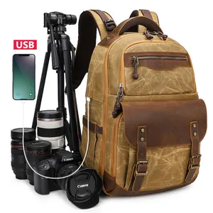 Vintage Waxed Canvas Waterproof Large Video Backpack Digital Gear Camera Bags For Photography Laptop Backpack With USB Port