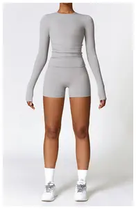 Custom Athleisure Wear Repreve RPET Women's Yoga Long Sleeve T Shirts And Hot Pants Shorts Tights Workout Outfit Yoga Gym Wear