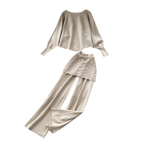 Ensembles décontractés en tricot pour femme, haut ample à manches longues et pantalon large à bord festonné, idéal pour le quotidien et les trajets.