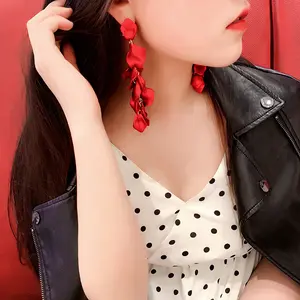 Fashion Exaggerated Rose Petal Leaf Long Pendant Earrings Red Petal Earrings Korean Earrings For Women