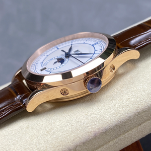 Montre automatique de luxe pour homme, boîtier en or rose, cadran argenté, aiguilles bleues, calendrier annuel, phase de lune, bracelet en cuir - Product Image 4