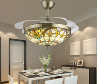 Ventilateur de plafond Tiffany Méditerranéen Mid-Century avec moteur AC, lampe LED invisible 110V, télécommande, corps métallique pour salon