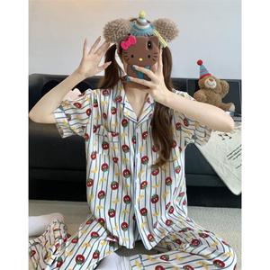 Ensemble de pyjama d'été pour femmes : haut à manches courtes et pantalon long, motif nuage de dessin animé, style cardigan léger - portable - Product Image 5