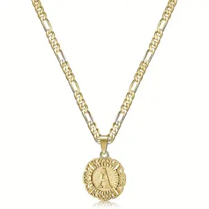 Kalung rantai Figaro wanita, perhiasan logam campuran kustom 14K modal 26 huruf liontin bulat