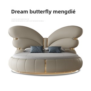 <span class=keywords><strong>Lit</strong></span> Double Rond de Luxe Moderne Italien Style Papillon en Cuir Véritable Crème, <span class=keywords><strong>Grand</strong></span> <span class=keywords><strong>Lit</strong></span> Doux de 2m pour Chambre Principale - Product Image 3